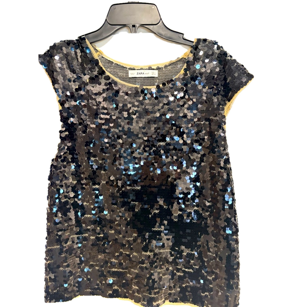 Zara Black Cap Sleeve Round Neck Sequin Embellished Evening Party Top Size Large